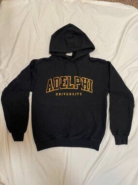 Adelphi University Hoodie by Champion Mens Small Black Yellow Preowned